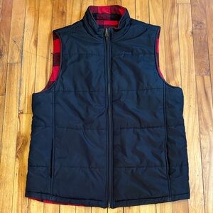 WEATHERPROOF VINTAGE Reversible Black Quilted Vest/Red Plaid Zip Pockets - LARGE